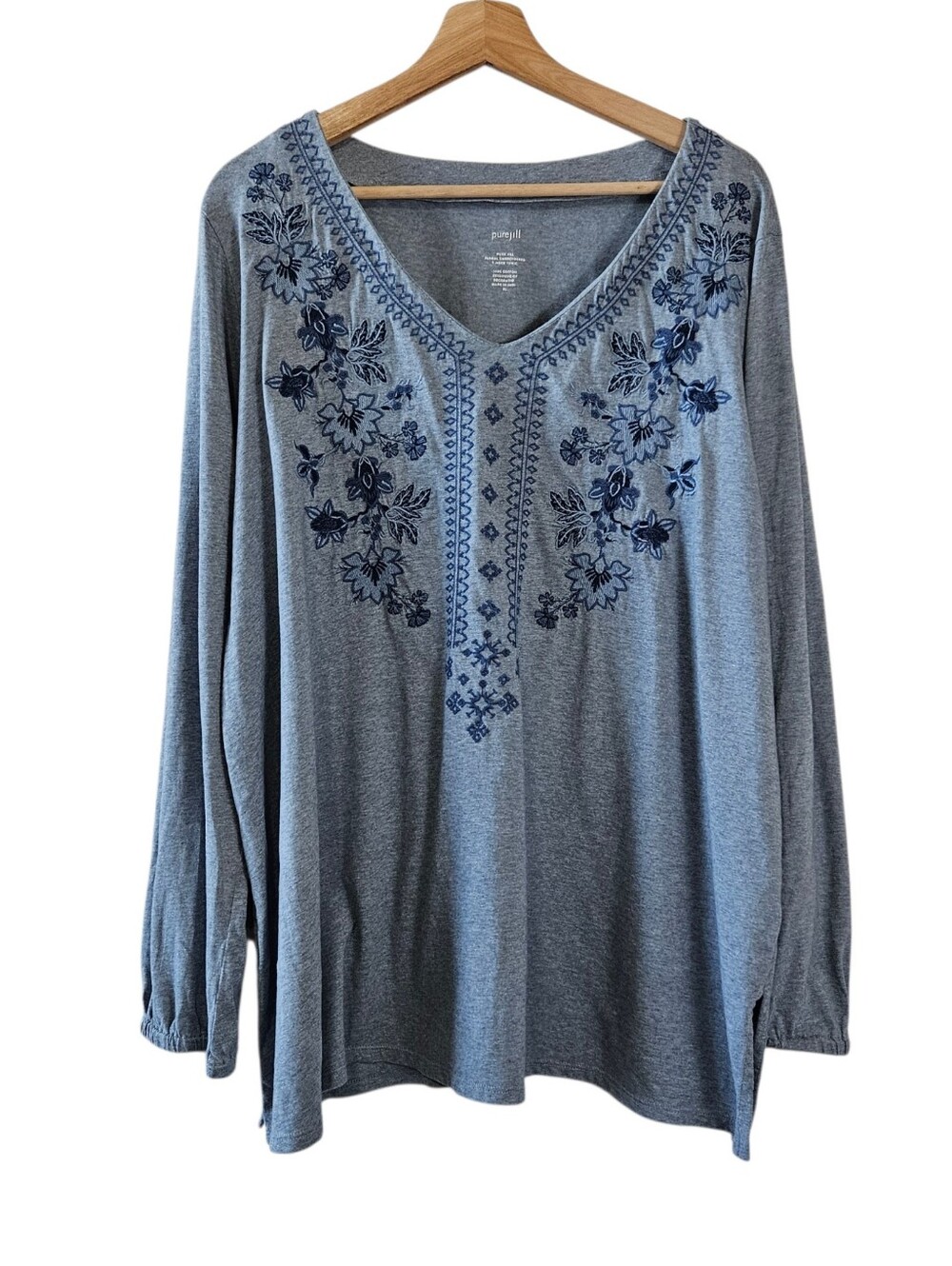 J. Jill PureJill Floral Embroidered Jersey Tunic Top Blue 3/4 Sleeve Size XL
